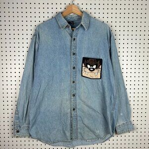 Vintage‎ Taz Denim Long Sleeve Shirt Medium 90s Distressed Worn Costume Warner